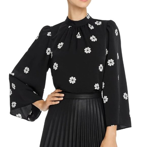 Kate Spade Black Floral Mock Neck Blouse Womens XL Puff Bell Sleeve Crepe Top - Picture 1 of 10